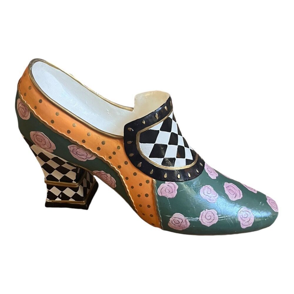 Heavy Doorstep Shoe Cast Iron Hand Painted Checkered Heel Shoe Decor Vintage